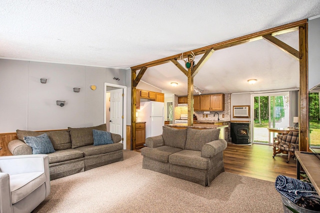 12467 S Running Deer Ln, Grant, MI 49327 - living area with vaulted ceiling, a wall mounted air conditioner, dark colored carpet, a textured ceiling, and a wood stove