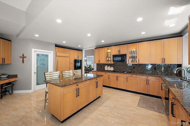 6280 Branford Dr, West Bloomfield, MI 48322 - kitchen with black appliances, tasteful backsplash, a kitchen island, a breakfast bar, and dark stone countertops