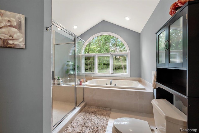 6280 Branford Dr, West Bloomfield, MI 48322 - bathroom with a garden tub, plenty of natural light, lofted ceiling, a shower stall, and recessed lighting