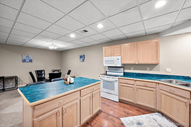6280 Branford Dr, West Bloomfield, MI 48322 - kitchen featuring white appliances, light brown cabinetry, a center island, recessed lighting, and light wood-type flooring