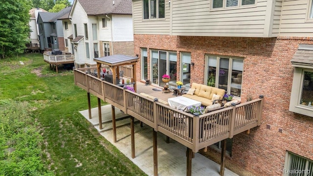 6280 Branford Dr, West Bloomfield, MI 48322 - wooden terrace with an outdoor hangout area, a lawn, and a patio area