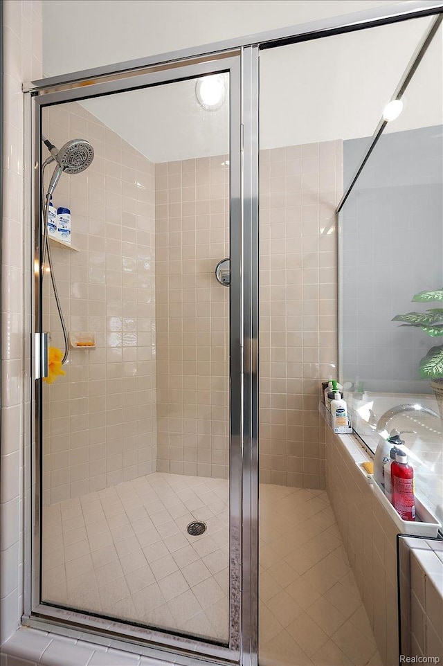 6280 Branford Dr, West Bloomfield, MI 48322 - bathroom featuring a stall shower, tile patterned floors, and tiled tub