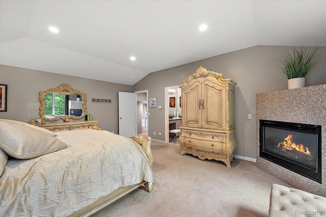 6280 Branford Dr, West Bloomfield, MI 48322 - bedroom featuring lofted ceiling, light carpet, recessed lighting, and a tiled fireplace