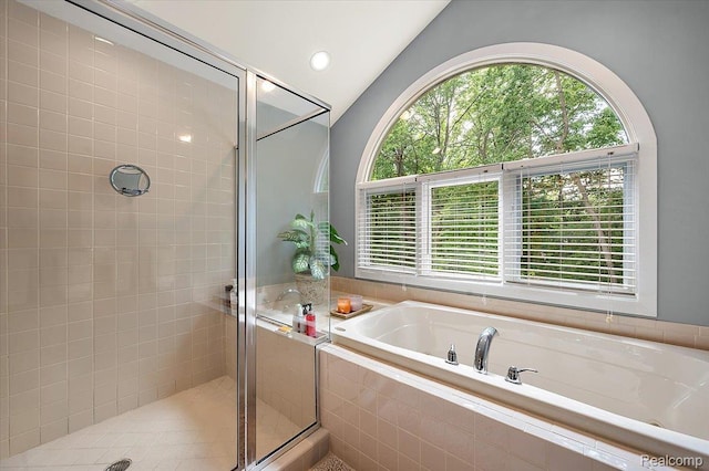 6280 Branford Dr, West Bloomfield, MI 48322 - full bathroom with a bath, lofted ceiling, and a stall shower
