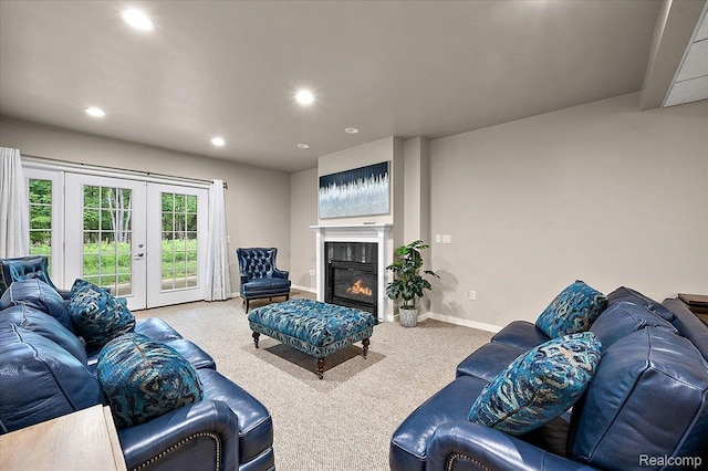 6280 Branford Dr, West Bloomfield, MI 48322 - carpeted living room featuring recessed lighting, a glass covered fireplace, and french doors