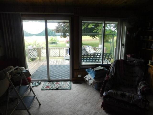 3509 E Taylor Rd, Hart, MI 49420 - doorway featuring plenty of natural light, carpet, and wood ceiling