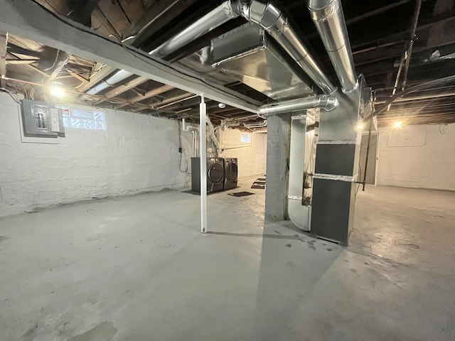 336 E Prospect St, Jackson, MI 49203 - basement featuring washing machine and clothes dryer, electric panel, and heating unit