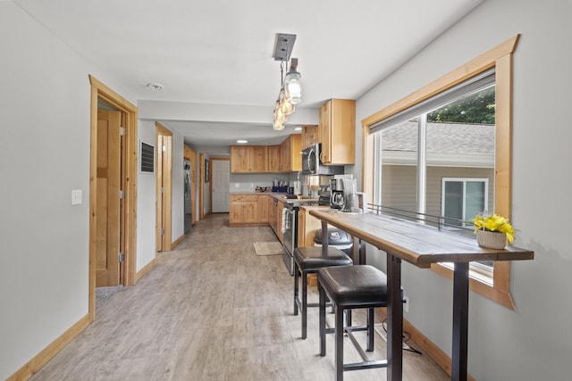 10456 Ferris Ave, Grant, MI 49327 - kitchen with stainless steel appliances, light wood finished floors, light countertops, and decorative light fixtures