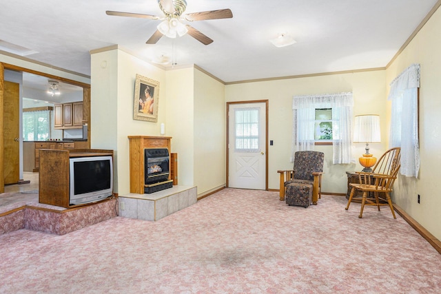 18169 6th Avenue Rd, Three Rivers, MI 49093 - living area with ceiling fan, carpet floors, and crown molding