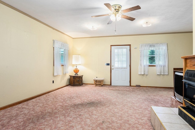 18169 6th Avenue Rd, Three Rivers, MI 49093 - carpeted living area featuring a wood stove, ceiling fan, and crown molding