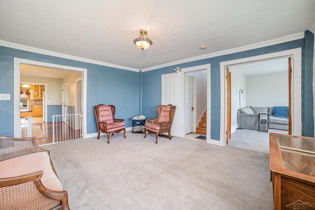 8603 Millington Rd, Vassar, MI 48768 - living area with crown molding, carpet flooring, and stairway