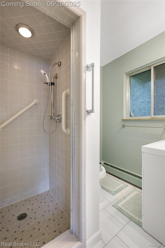 5492 N Sycamore Dr, Burton, MI 48509 - full bath with a baseboard radiator, a shower stall, tile patterned floors, and vanity