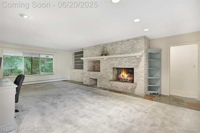 5492 N Sycamore Dr, Burton, MI 48509 - unfurnished living room featuring a baseboard radiator, a brick fireplace, carpet, built in shelves, and recessed lighting