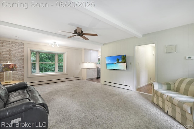 5492 N Sycamore Dr, Burton, MI 48509 - living room with a baseboard heating unit, baseboard heating, carpet flooring, ceiling fan, and beamed ceiling