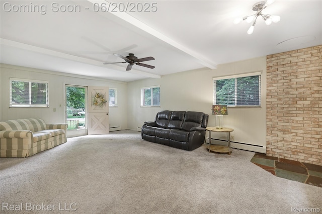 5492 N Sycamore Dr, Burton, MI 48509 - living area with carpet flooring, a baseboard radiator, beamed ceiling, and ceiling fan