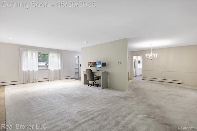 5492 N Sycamore Dr, Burton, MI 48509 - carpeted living room featuring a baseboard radiator, a chandelier, an office area, and a baseboard heating unit