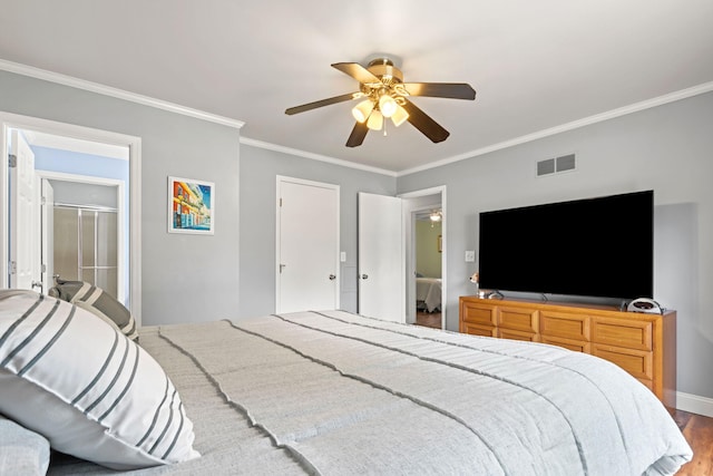 749 Foxboro Ct, Saline, MI 48176 - bedroom with crown molding, ceiling fan, and wood finished floors