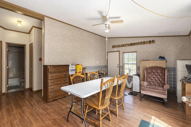 720 S 72nd Ave, Shelby, MI 49455 - dining room with ornamental molding, a ceiling fan, wood finished floors, and a textured ceiling