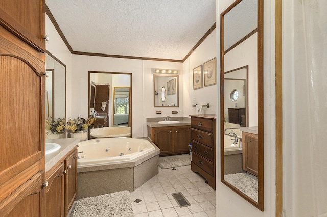720 S 72nd Ave, Shelby, MI 49455 - full bathroom featuring ornamental molding, a jetted tub, two vanities, tile patterned flooring, and a textured ceiling