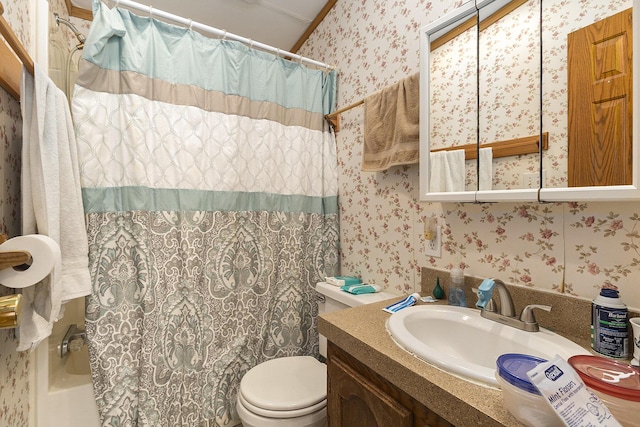 720 S 72nd Ave, Shelby, MI 49455 - bathroom featuring wallpapered walls, vanity, and shower / bath combo with shower curtain