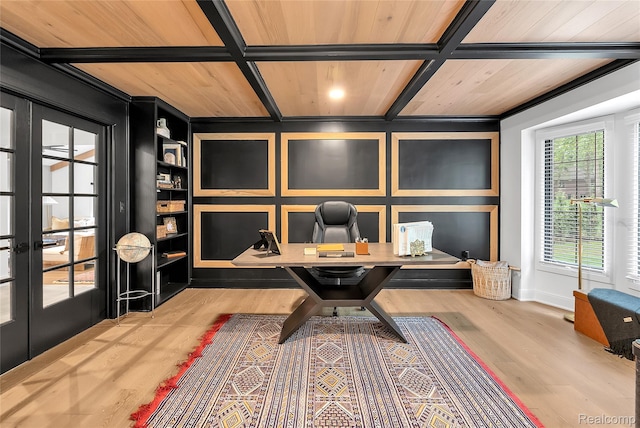 163 Manorwood Dr, Bloomfield Hills, MI 48304 - office space with wooden ceiling, wood finished floors, french doors, and a decorative wall
