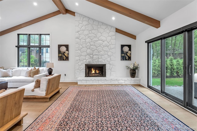 163 Manorwood Dr, Bloomfield Hills, MI 48304 - living room featuring beamed ceiling, light wood-type flooring, a stone fireplace, recessed lighting, and high vaulted ceiling
