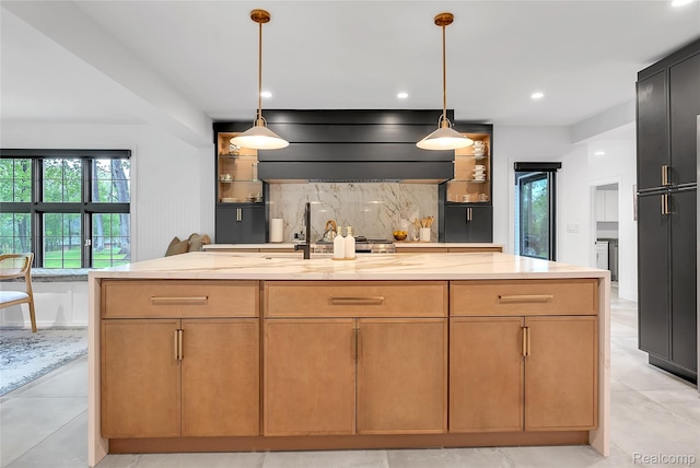 163 Manorwood Dr, Bloomfield Hills, MI 48304 - kitchen with wall chimney range hood, hanging light fixtures, decorative backsplash, glass insert cabinets, and recessed lighting