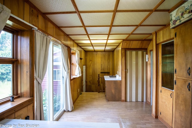 3193 W 112th St, Grant, MI 49327 - kitchen with light wood-type flooring, brown cabinetry, and wood walls
