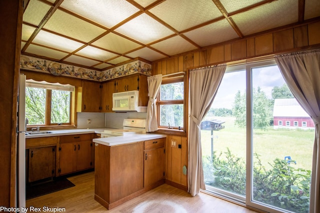 3193 W 112th St, Grant, MI 49327 - kitchen with stove, white microwave, light wood-type flooring, and a peninsula