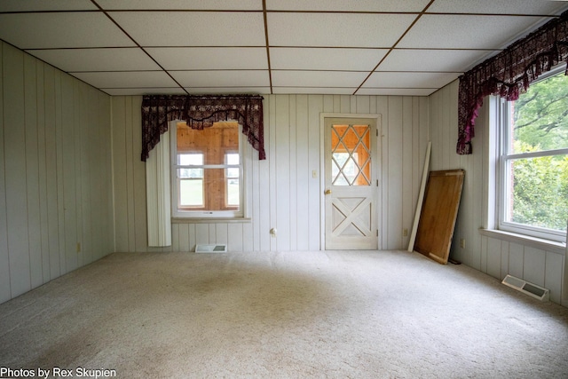 3193 W 112th St, Grant, MI 49327 - spare room featuring a drop ceiling, carpet, and wooden walls