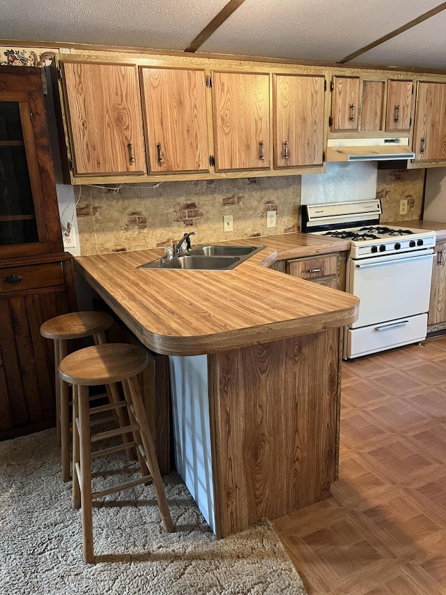 6121 N Pine Ave, White Cloud, MI 49349 - kitchen featuring gas range gas stove, under cabinet range hood, wood counters, decorative backsplash, and a peninsula