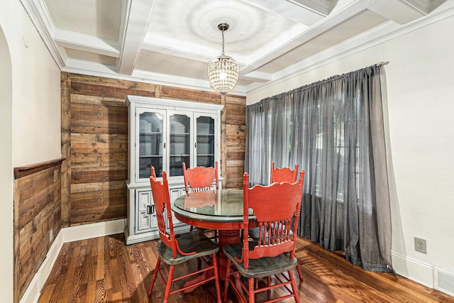 101 E Whittier St, Ludington, MI 49431 - dining area featuring a chandelier, coffered ceiling, wooden walls, wood finished floors, and beam ceiling