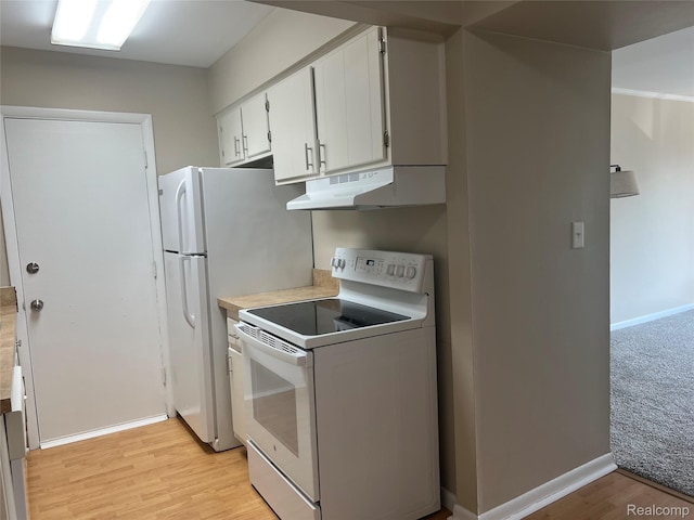 3901 Fort St Unit 202, Riverview, MI 48183 - kitchen with white electric range, under cabinet range hood, light wood finished floors, white cabinets, and light countertops