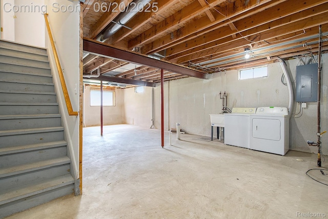 3244 Buckhorn Ct, Ann Arbor, MI 48105 - basement with electric panel, washer and dryer, and stairs