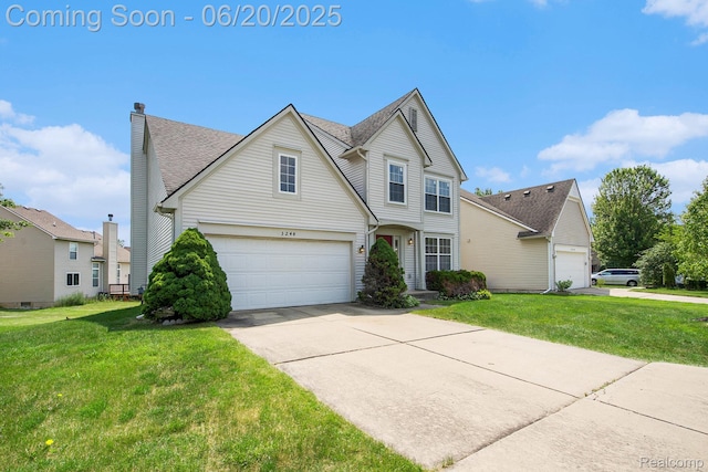 3244 Buckhorn Ct, Ann Arbor, MI 48105 - traditional home featuring a front lawn, driveway, a chimney, a shingled roof, and an attached garage