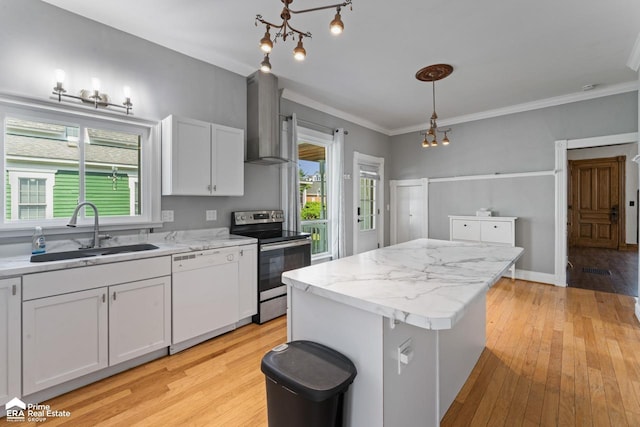 320 E Main St, Flushing, MI 48433 - kitchen featuring white dishwasher, stainless steel electric stove, wall chimney range hood, light wood-type flooring, and crown molding