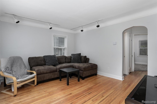 1605 N Vermont Ave, Rochester, MI 48067 - living room featuring track lighting, arched walkways, and light wood finished floors