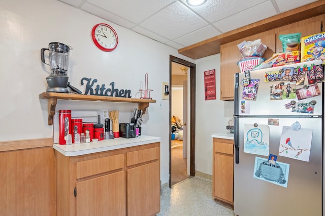 11372 Riverdale Ave, Redford, MI 48239 - kitchen with freestanding refrigerator, open shelves, a paneled ceiling, and light countertops