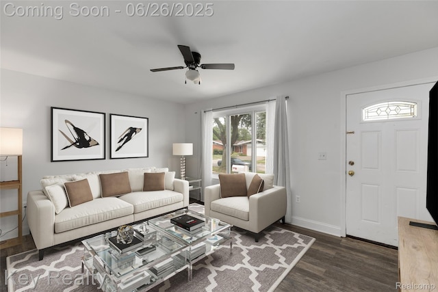 9468 Washington St, Romulus, MI 48174 - living room with ceiling fan and dark wood-style floors