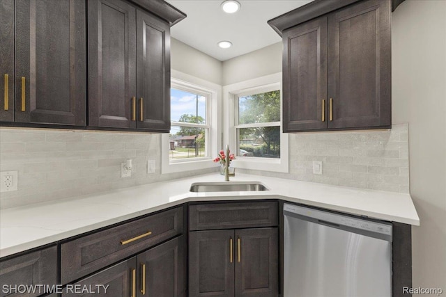 24611 Kenosha St, Oak Park, MI 48237 - kitchen with dishwasher, tasteful backsplash, dark brown cabinetry, light stone counters, and recessed lighting
