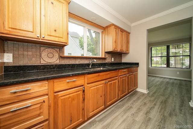 3911 Thomas Ave, Berkley, MI 48072 - kitchen with ornamental molding, wood finished floors, dark stone countertops, and tasteful backsplash