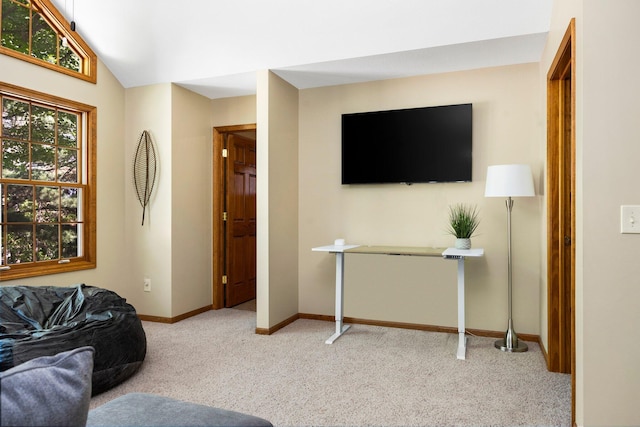 1724 N Ridge Rd, Mears, MI 49436 - carpeted living room with baseboards and lofted ceiling
