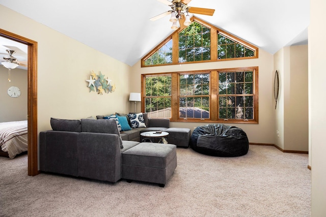 1724 N Ridge Rd, Mears, MI 49436 - living room featuring ceiling fan, carpet, and lofted ceiling