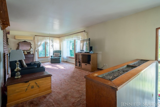 9546 Benham St NE, Cedar Springs, MI 49319 - carpeted living area featuring a wall mounted air conditioner, a baseboard radiator, and a dry bar