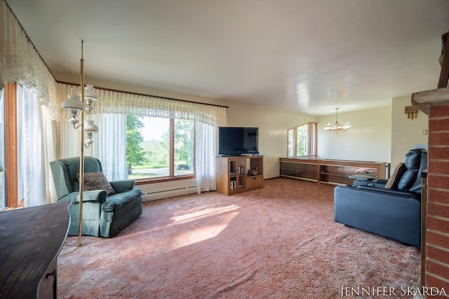 9546 Benham St NE, Cedar Springs, MI 49319 - living area with a baseboard radiator, a chandelier, and carpet