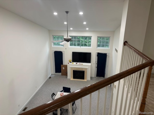 44700 Heather Ln, Canton, MI 48187 - unfurnished living room with recessed lighting, a fireplace, carpet floors, and a ceiling fan