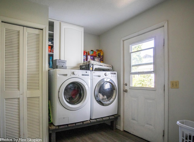 4295 S Gordon Ave, Fremont, MI 49412 - laundry room with separate washer and dryer, cabinet space, and wood finished floors