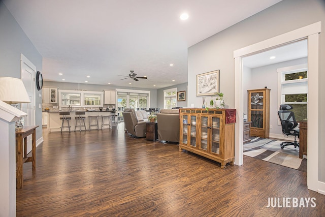12828 Bayou Ct, Wayland, MI 49348 - living area featuring dark wood finished floors, recessed lighting, a desk, and ceiling fan