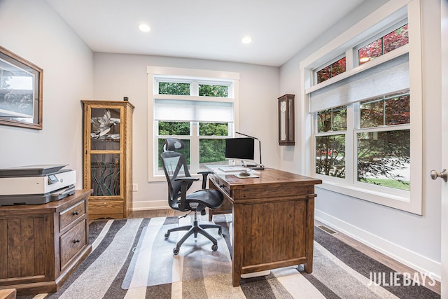 12828 Bayou Ct, Wayland, MI 49348 - office area featuring wood finished floors and recessed lighting