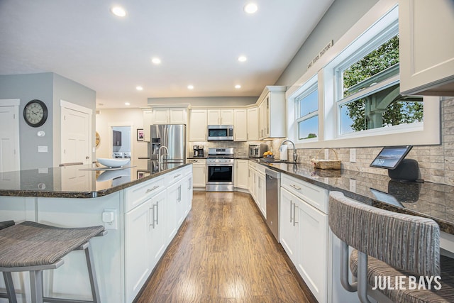 12828 Bayou Ct, Wayland, MI 49348 - kitchen with appliances with stainless steel finishes, dark wood-style flooring, recessed lighting, tasteful backsplash, and a center island with sink